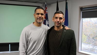 Former Sydney Swans player and co-founder of the GO Foundation, Michael O'Loughlin with Aboriginal Partnerships Co-ordinator, Colin Darcy